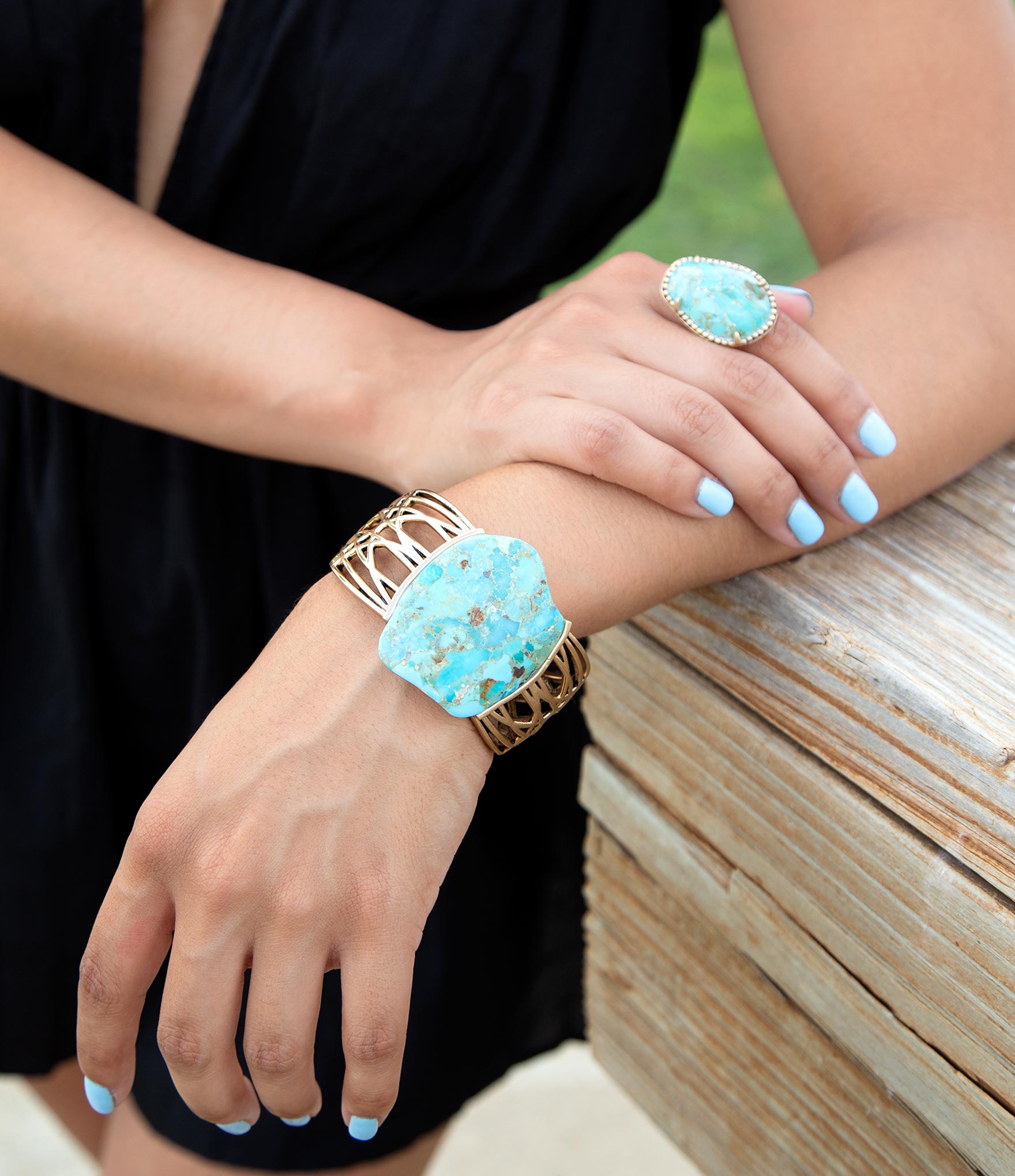 Refined Blue Turquoise Golden Statement Ring