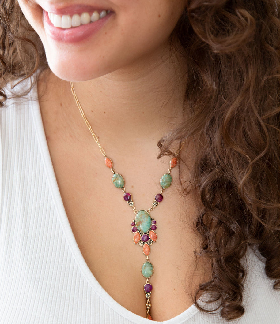Regalia Blue Turquoise Purple and Orange Coral Golden Y Necklace