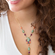 Regalia Blue Turquoise Purple and Orange Coral Golden Y Necklace