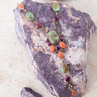Regalia Blue Turquoise Purple and Orange Coral Golden Y Necklace