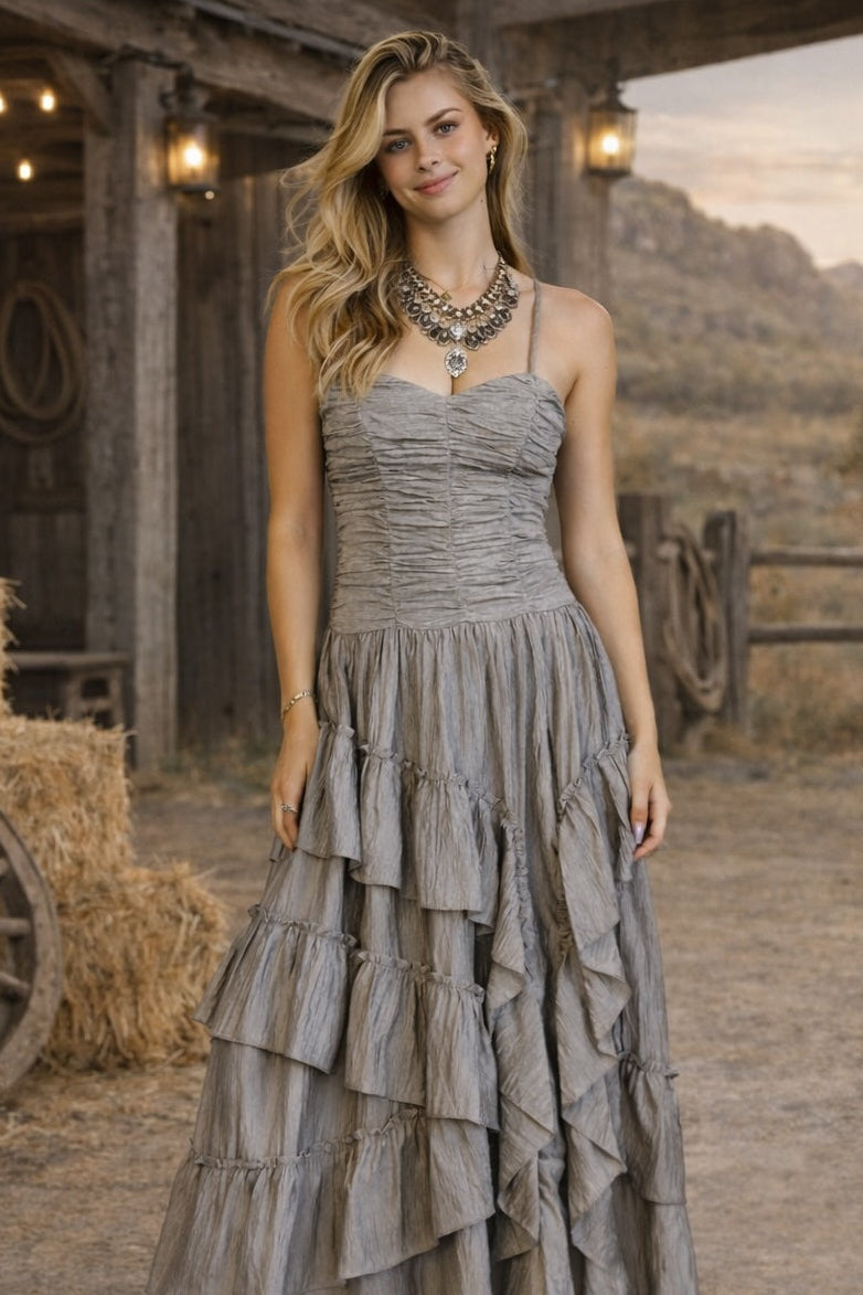 Silver Crinkle Maxi Dress