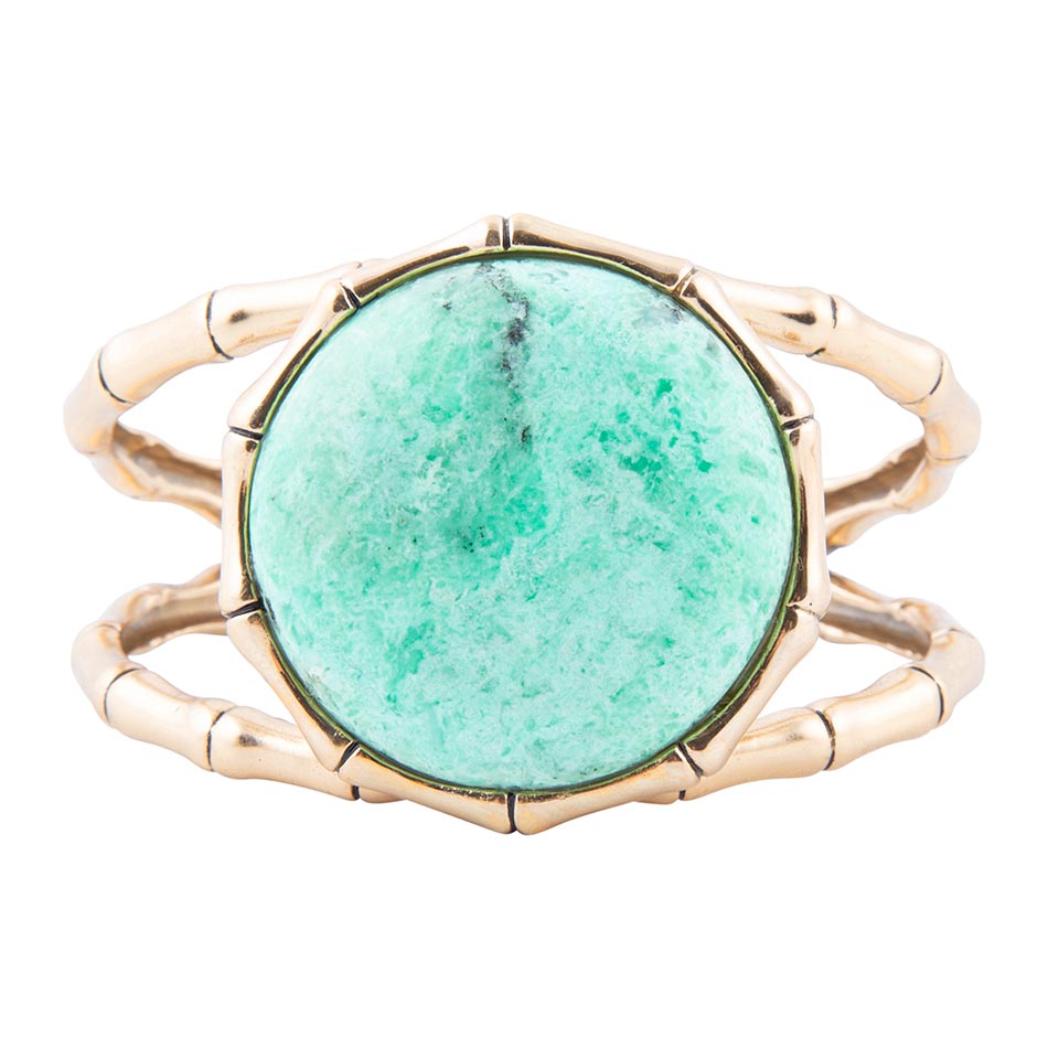 Vibrant Green Chrysoprase Golden Bamboo Statement Cuff Bracelet