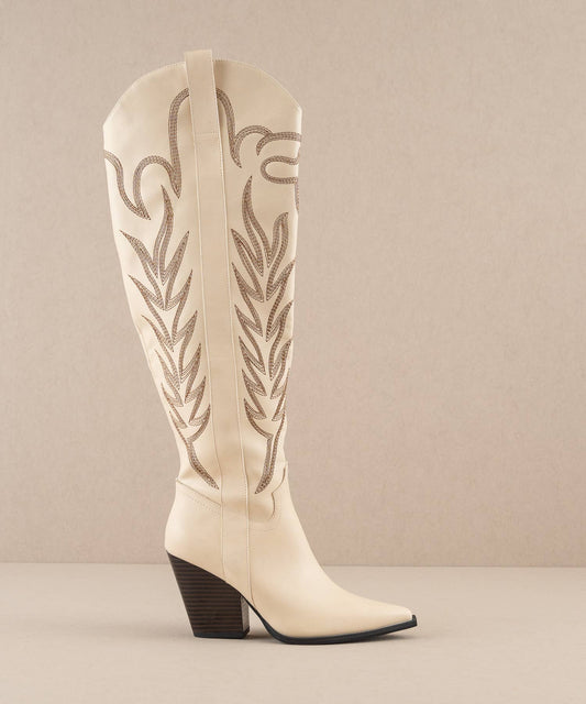 The Bronco Off White | Knee High Embroidered Cowboy Boot