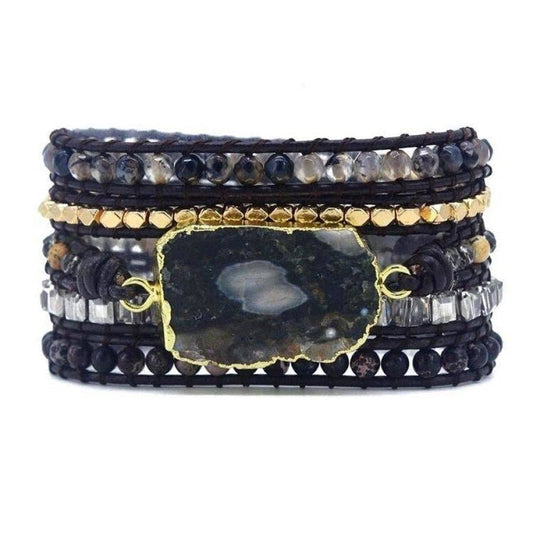 Natural Black Ocean Agate Beaded Wrap Bracelet