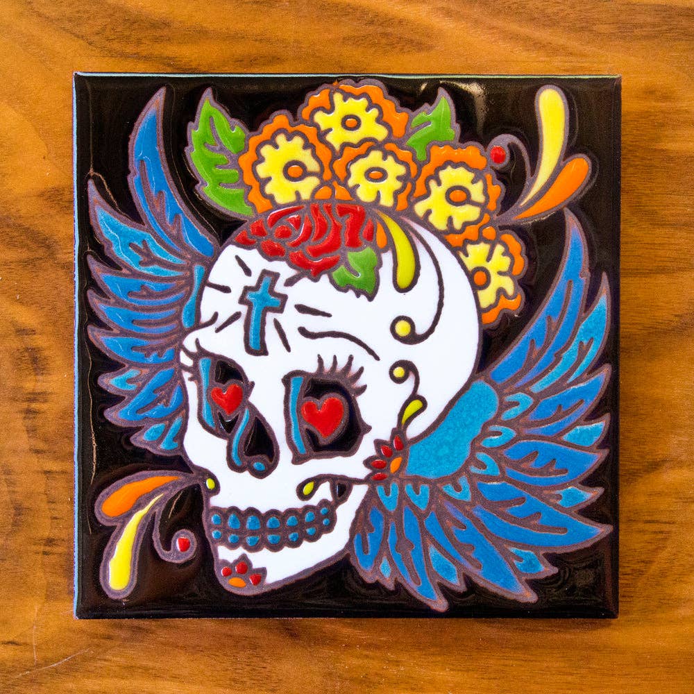 Winged Skull Handpainted Tile