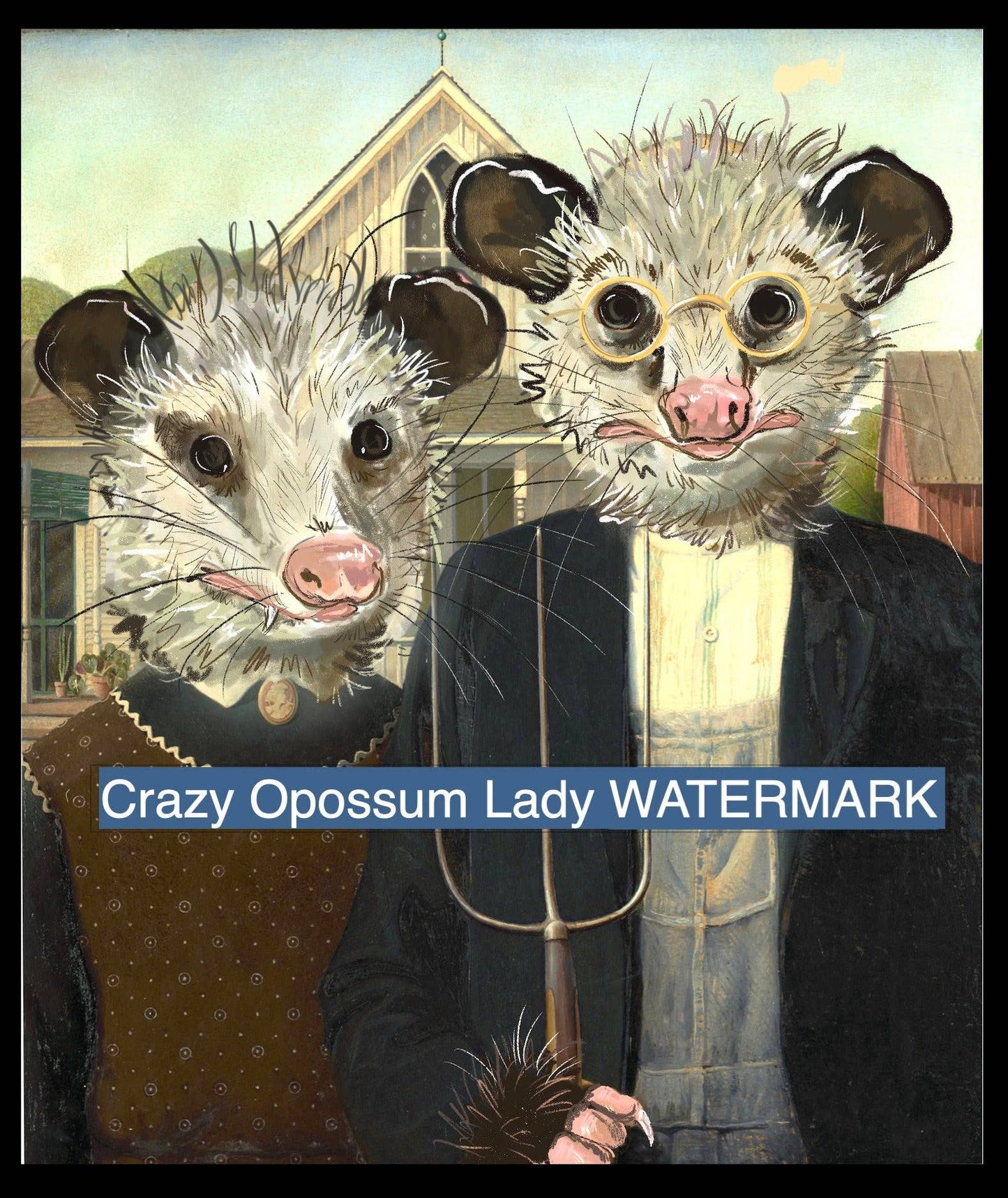 Print:  The American Goth Opossum Grant Wood Famous: 8x10