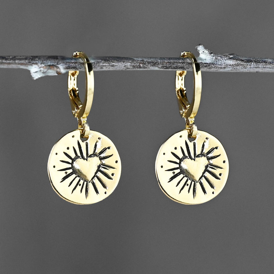 Golden Huggie Brass Radiant Heart Earrings