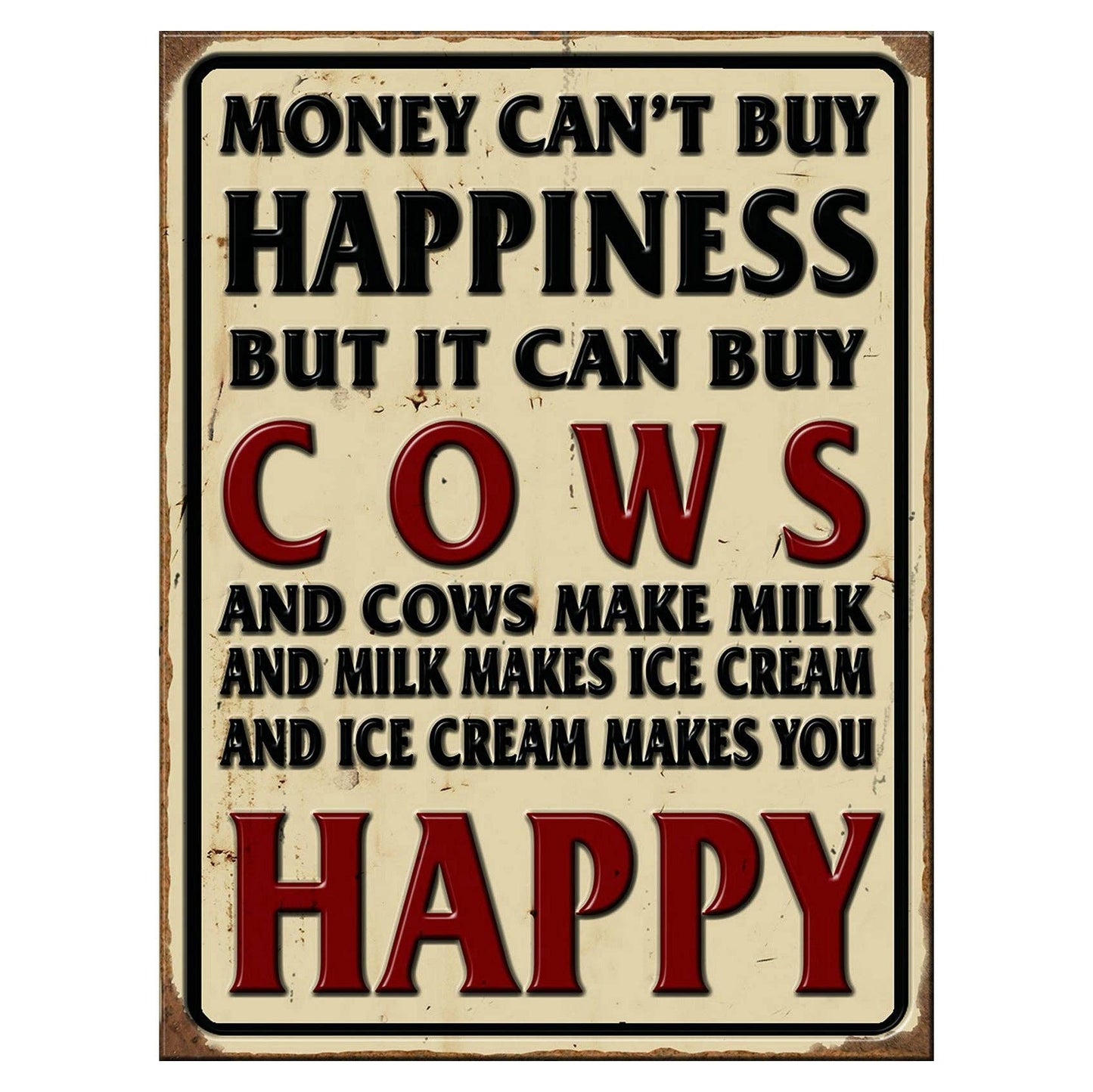 Money Buys Ice Cream And Happy Embossed Metal Sign