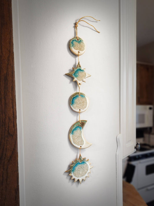 Handmade Celestial Wall Hanging, Sun Moon Stars: Jade