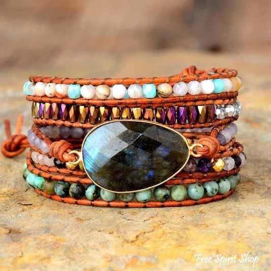 Natural Labradorite African Turquoise & Agate Wrap Bracelet