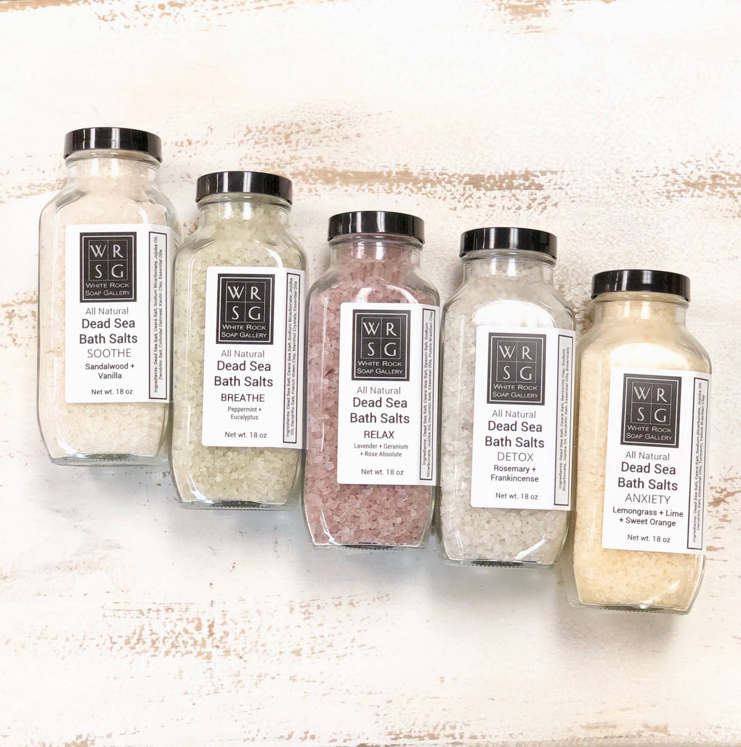 White Rock Soap Gallery - Dead Sea Bath Salts Square Jar: RELAX-Lavender + Rose Absolute + Geranium