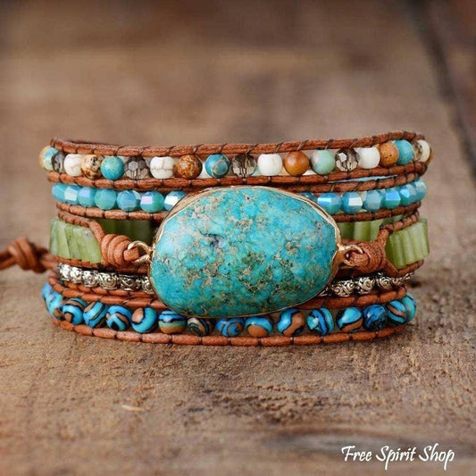 Natural Turquoise Jasper Punk Wrap Beaded Bracelet