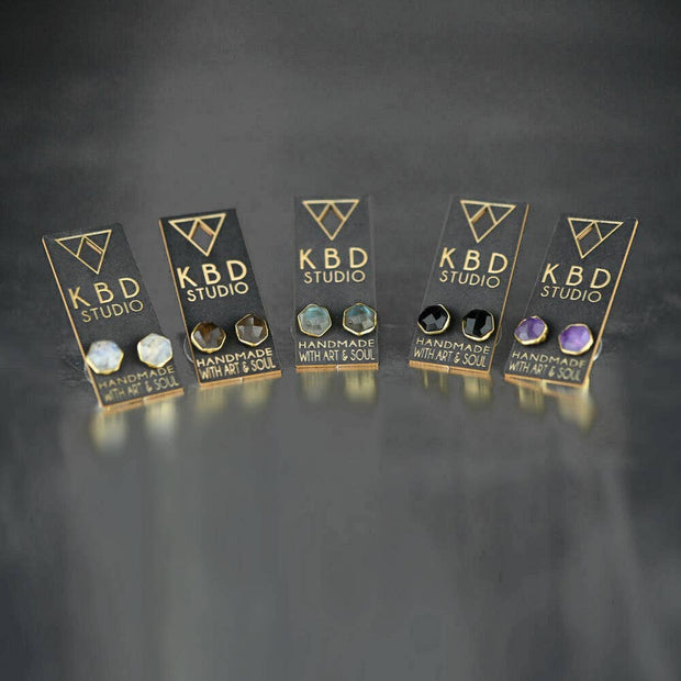 Semi Precious Hexagon Gemstone Studs (8mm gold)