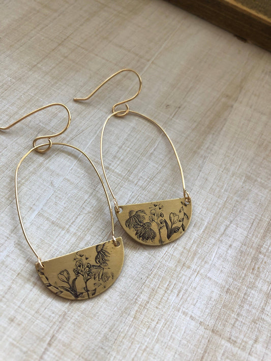 Stamped brass wildflower and hoop earrings