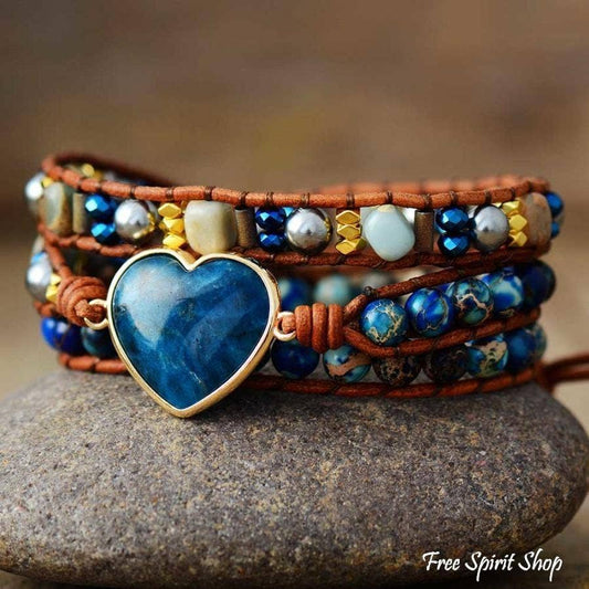 Natural Blue Apatite Heart Wrap Bracelet