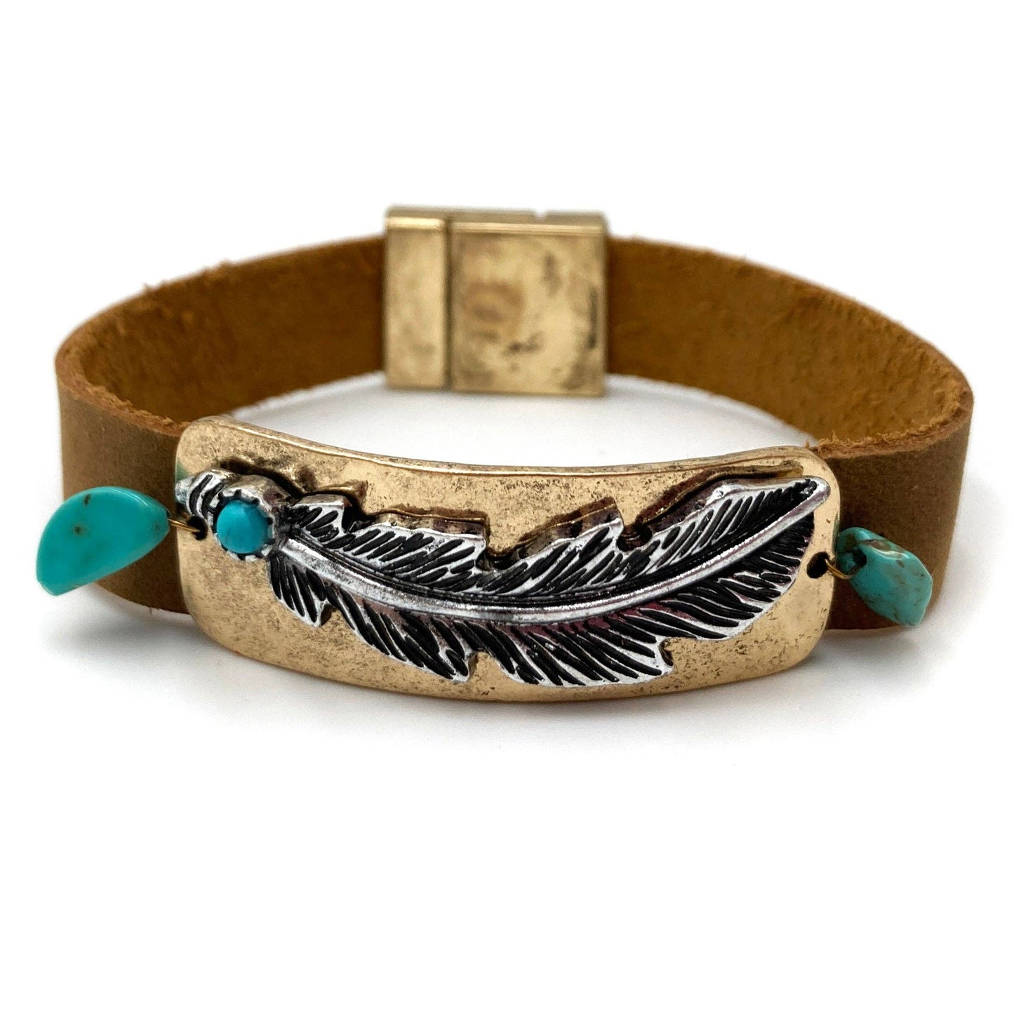 Native Turquoise Stone Feather Pu Leather Wrap Bracelet